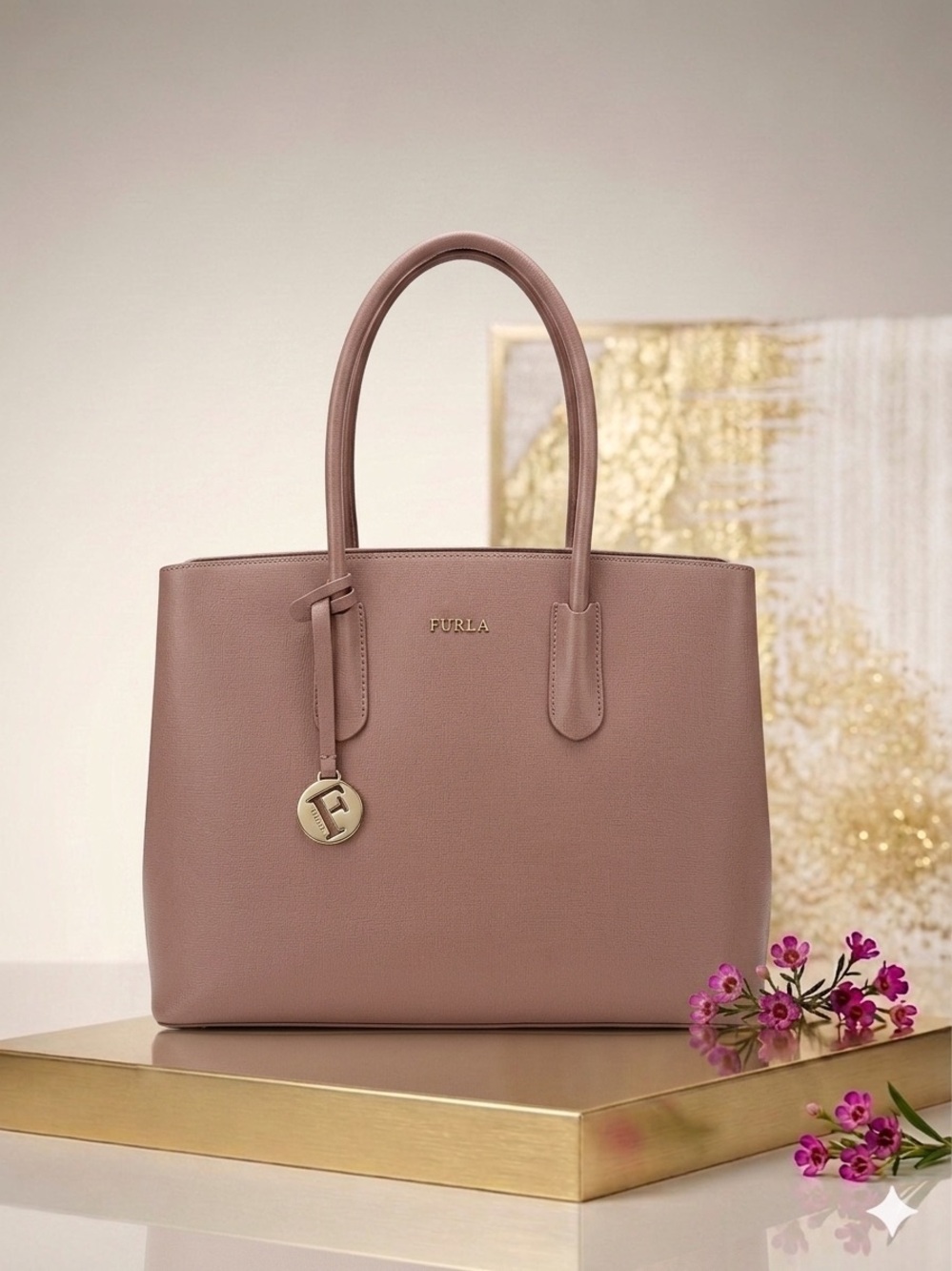 Furla Mauve Pink Leather Tote / Satchel with Gold Logo Charm